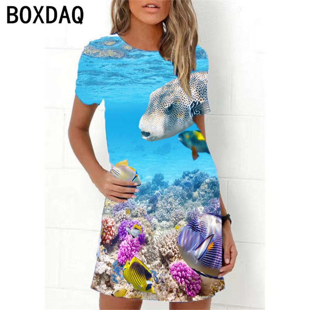 Ocean World 3D Print Dress Women New 2026 Summer Short Sleeve Cartoon Fish A-Line Dress Oversized Loose Casual Ladies Dress