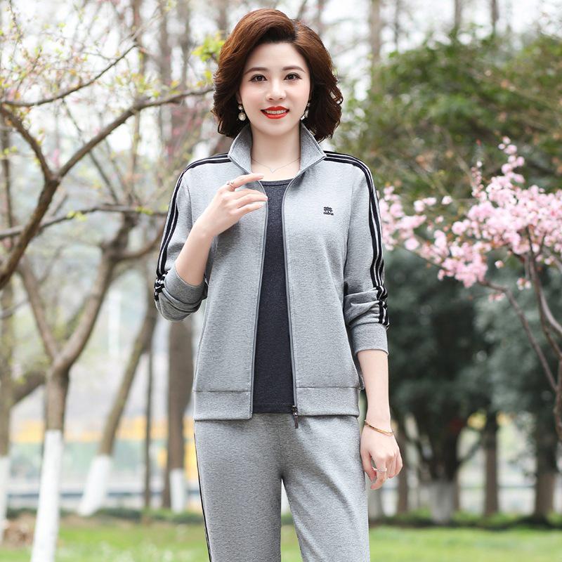 Женский весенне-осенний повседневный спортивный костюм: Свободного кроя куртка и толстовка с длинным рукавом, больших размеров, 2 предмета для среднего и пожилого возраста