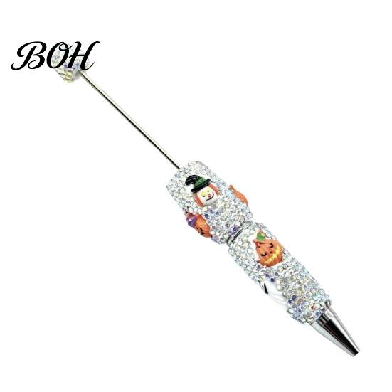 Unique Halloween Gift Rhinestone Beadable Pen, Glitter Plastic Beaded Pumpkin Ghost Skull Festive Gel Ink Pen for DIY Craft Making, School Office