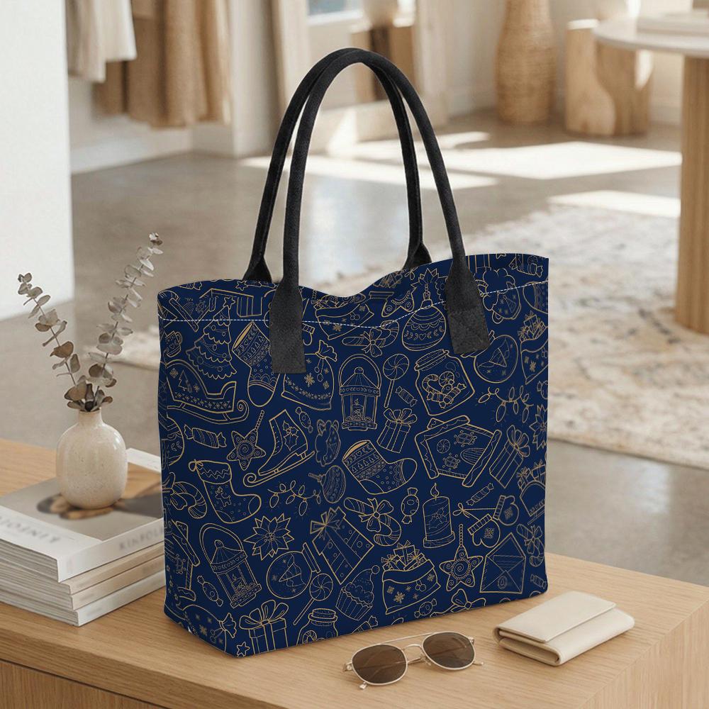 Navy Christmas Pattern Tote Bag Casual Large Capacity Daily Use Handbag