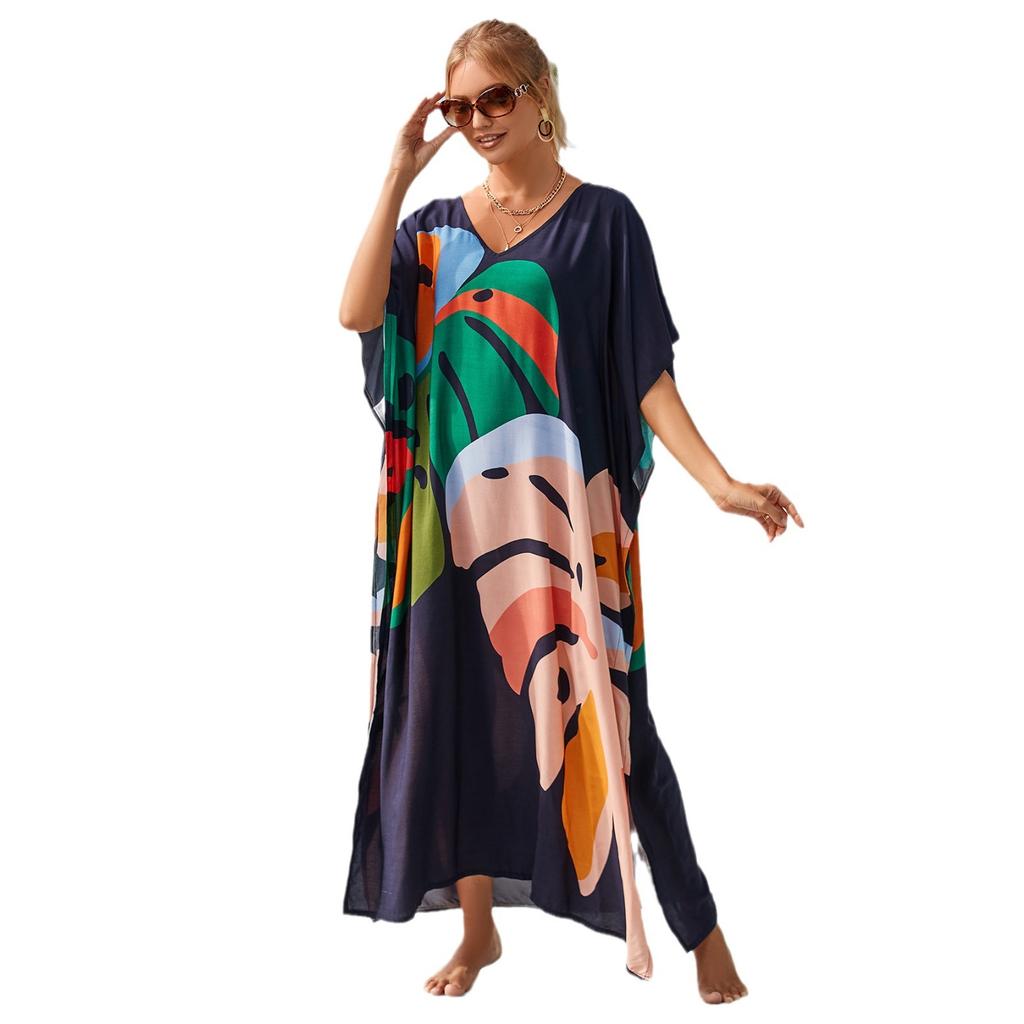Maxi Dresses Leaf Printed Black Background Women Beach Kaftans Cover Ups for Swimwear Summer Holiday Bathing Suits