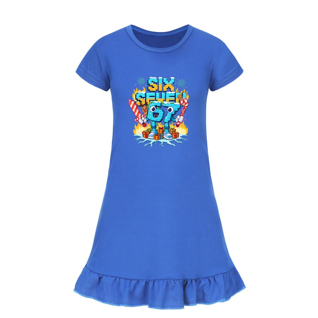 5193 Детское Платье для Девочек Steal a Brainrot 67 Six Seven с Принтом и Короткими Рукавами с Рюшами