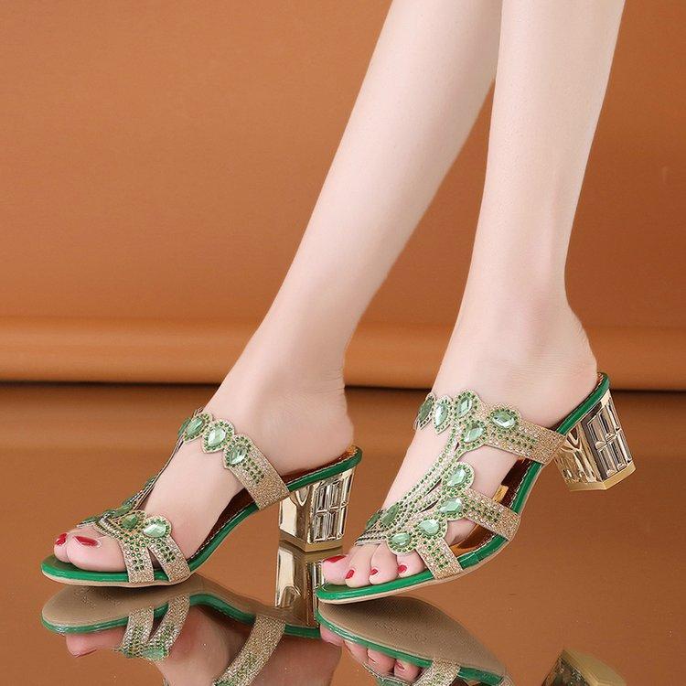 Women's Round Open Toe Heels Sandals Low Block Chunky Heeled Sandal Slip On Mules Summer Comfortable Casual Dress Pumps Shoes Women Rhinestones Slides