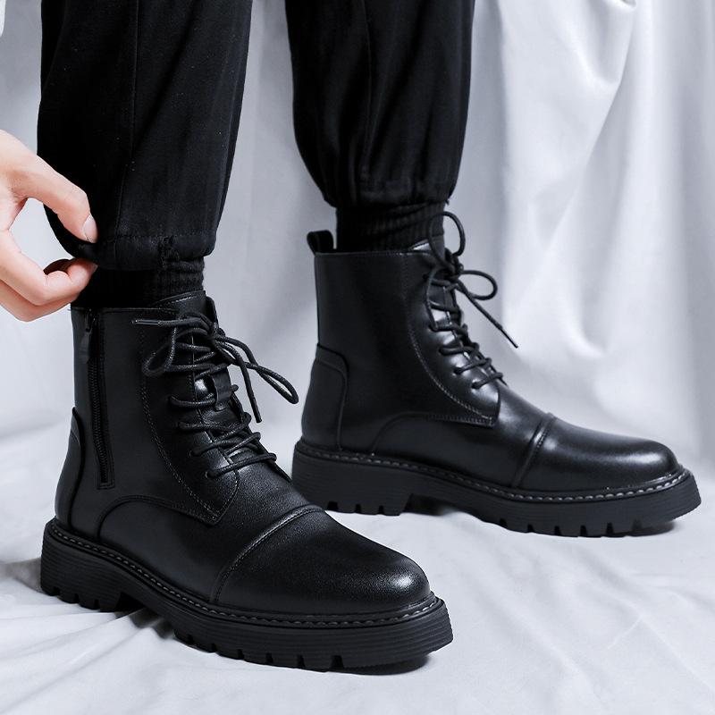 2025 British Mid-top Leather Boots Men's High-top Black Martin Boots Thick-soled Lace-up Short Boots 2910-R