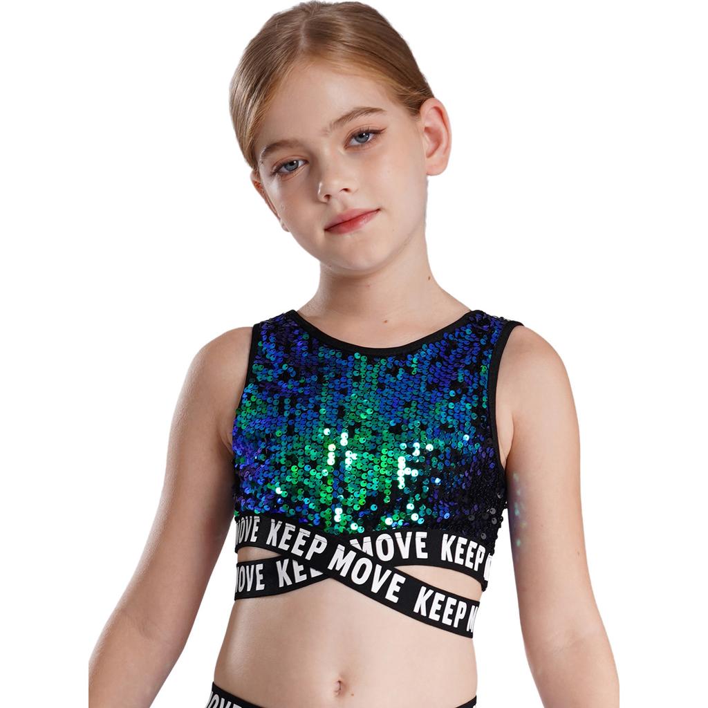 Укороченный топ с блестками для девочек, без рукавов, с круглым вырезом и перекрещивающейся талией, одежда для выступлений в стиле хип-хоп