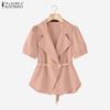 Women Notched Lapel Summer Casual Short Sleeve Blouse