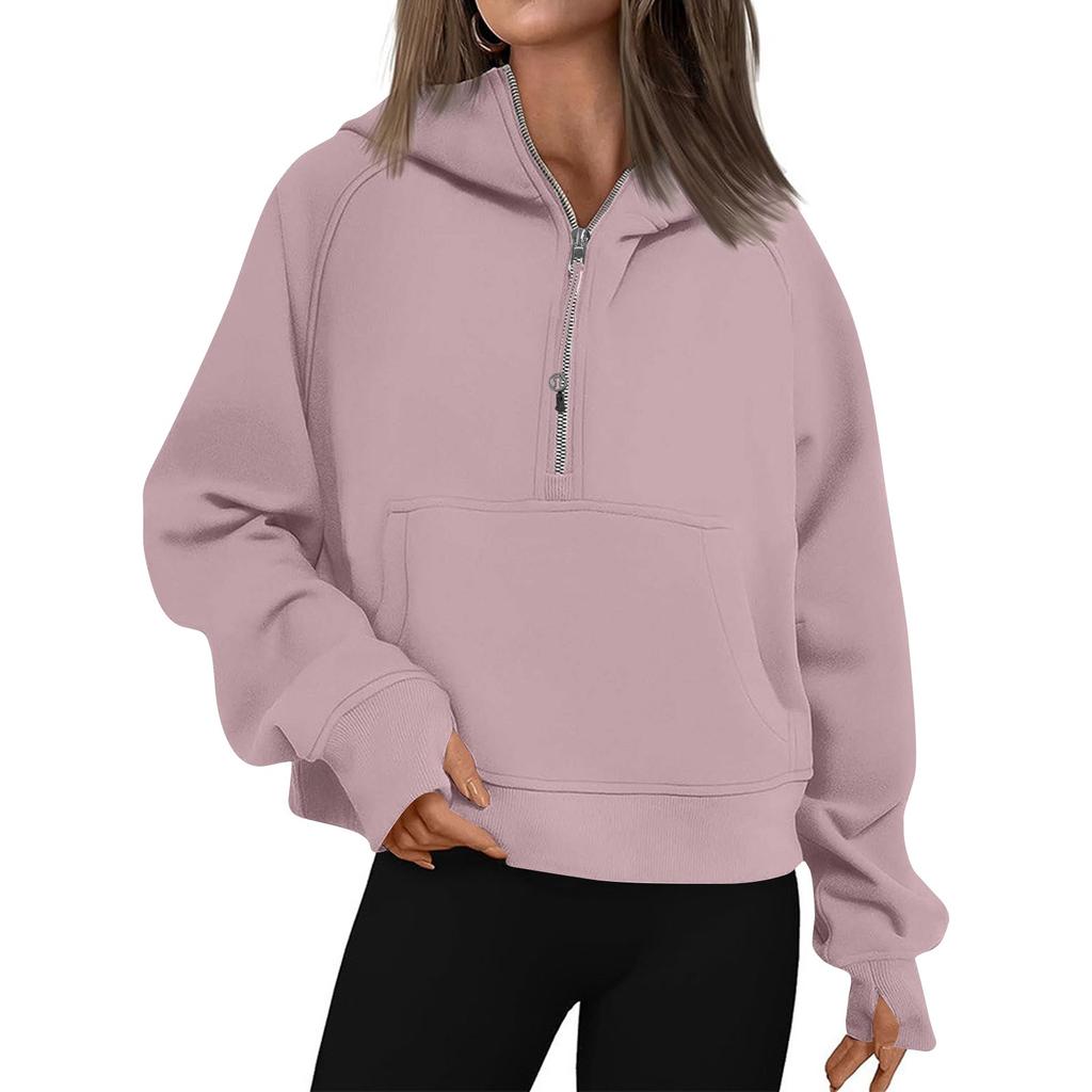 Women's Hoodies Solid Color Loose Short Half Zip Pockets Thumb Hole Long Sleeve  Pullover Sweatshirts