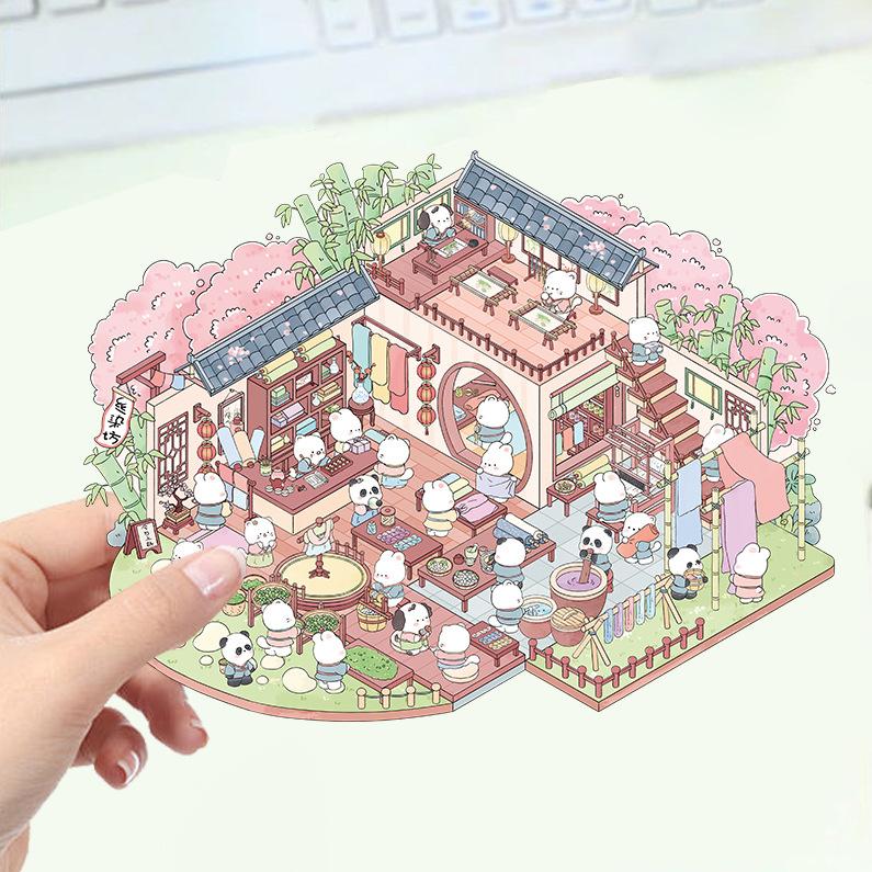 Cartoon Landscape Stickers Multiple Miniature World 3D Hut Unzip DIY Scene Manual Post