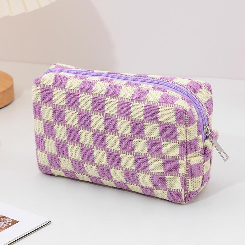 Вязаная шерстяная косметичка в шахматную клетку - большая вместимость, портативная для путешествий