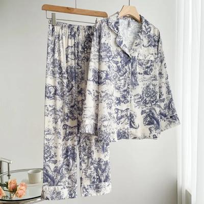 Осенний Ледяной Шелк Женская Пижама Кардиган с Пуговицами Наряды для Женщин Комплект Из 2 Частей Модный Комплект Печати Одежда