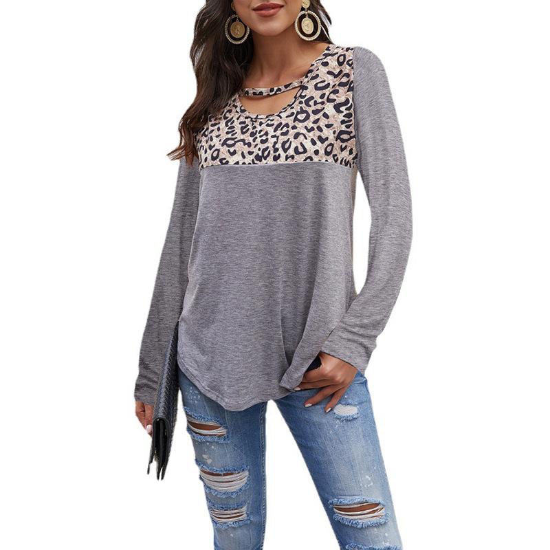 Осенне-зимняя женская футболка с круглым вырезом и леопардовым узором, свободный топ с длинными рукавами
