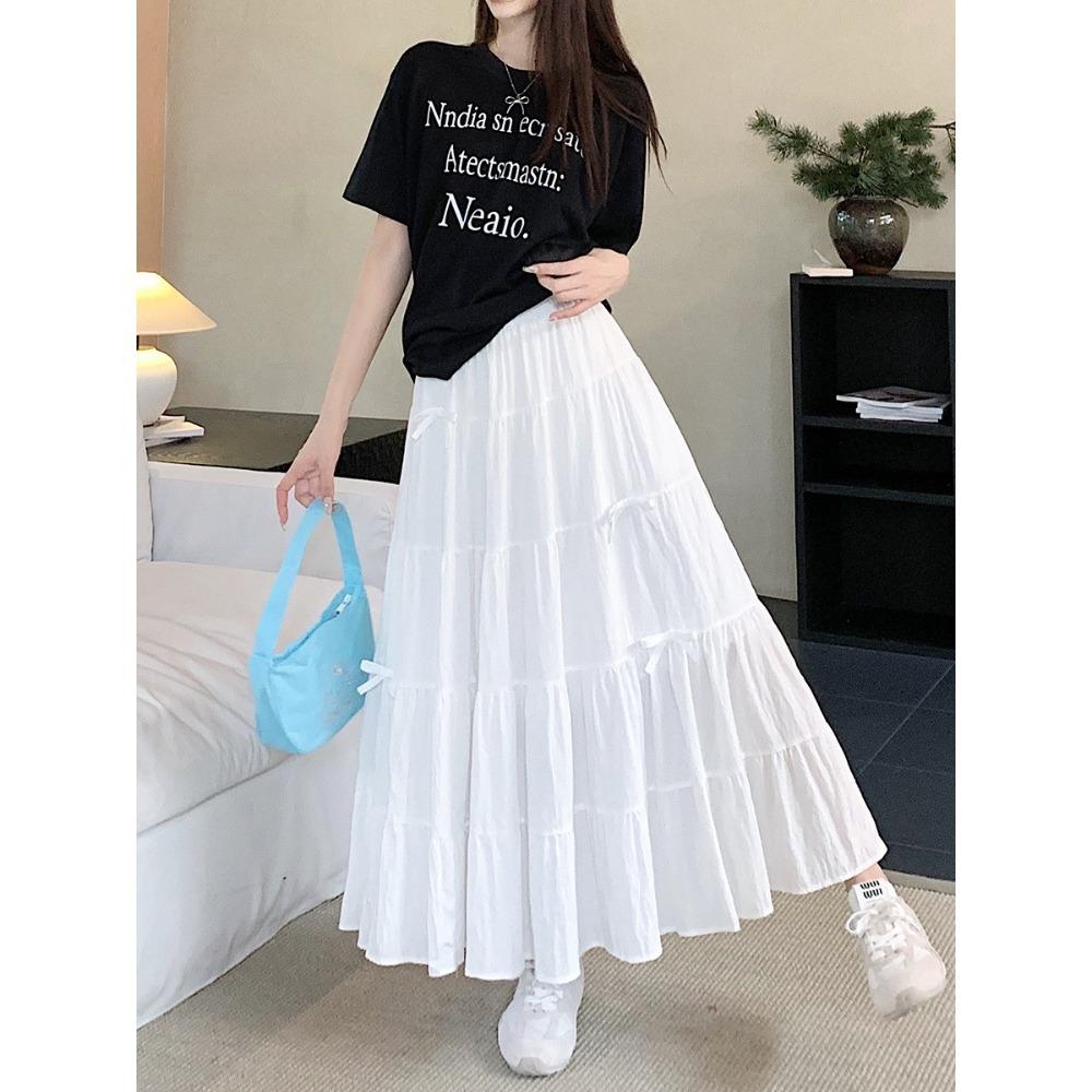 DX~~French Gentle Style Bow Half Skirt Women's Summer High Waist Skirt A-line Large Hem Mid Length Skirt