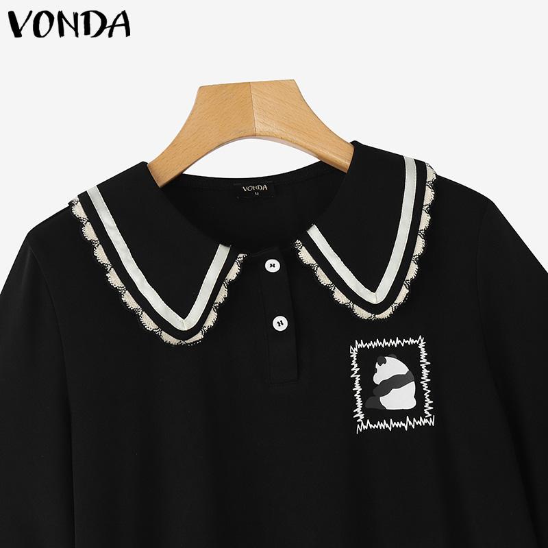 VONDA Women Doll Collar Short Sleeve Stitching Print College Style Blouse