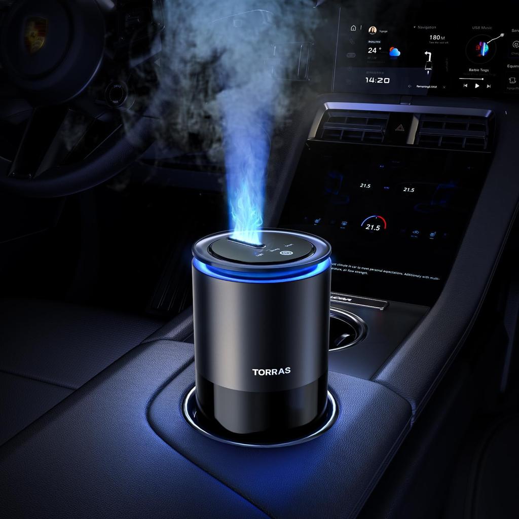 TORRAS Car Aroma White with Patented Large Spray Ambient Automatic Quiet and Natural Fragrance Diffuser, Musk, Clog-Resistant Nozzle, Light, On/Off,