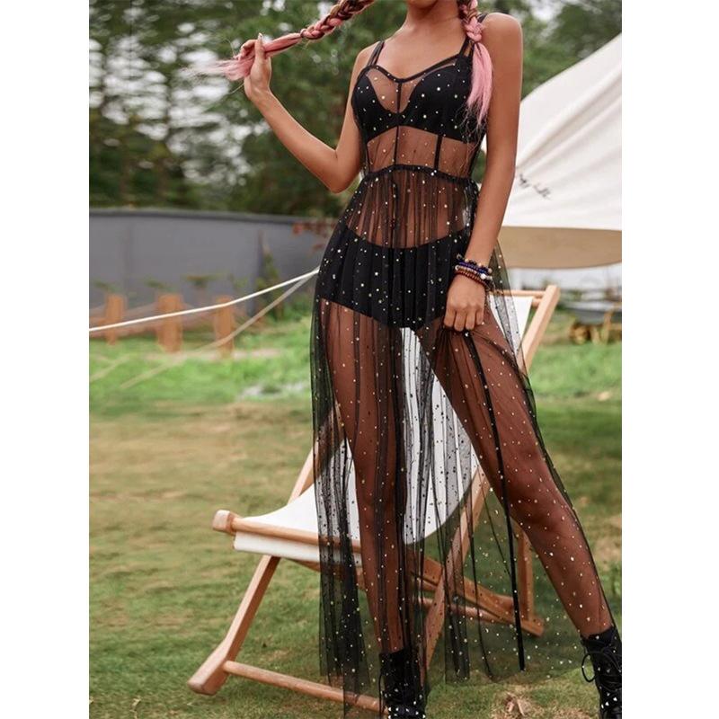 Прозрачное платье-халат из сетки с блестками, женское платье миди без рукавов с разрезом, праздничное платье для пляжа и клуба, сексуальные летние платья женские