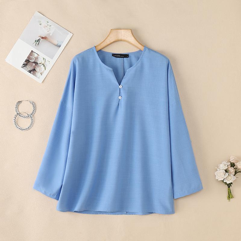 ZANZEA Женская повседневная однотонная блузка с v-образным вырезом и рукавами 3/4