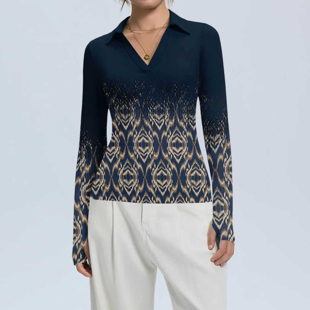 Women's Fashion Casual Print V-Neck Long Sleeve Button-Down Top