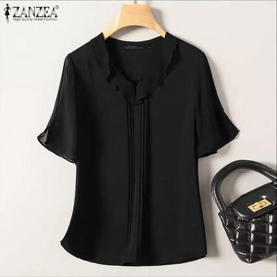 Женская блузка из шифона с рюшами, V-образным вырезом, свободного кроя, с коротким рукавом