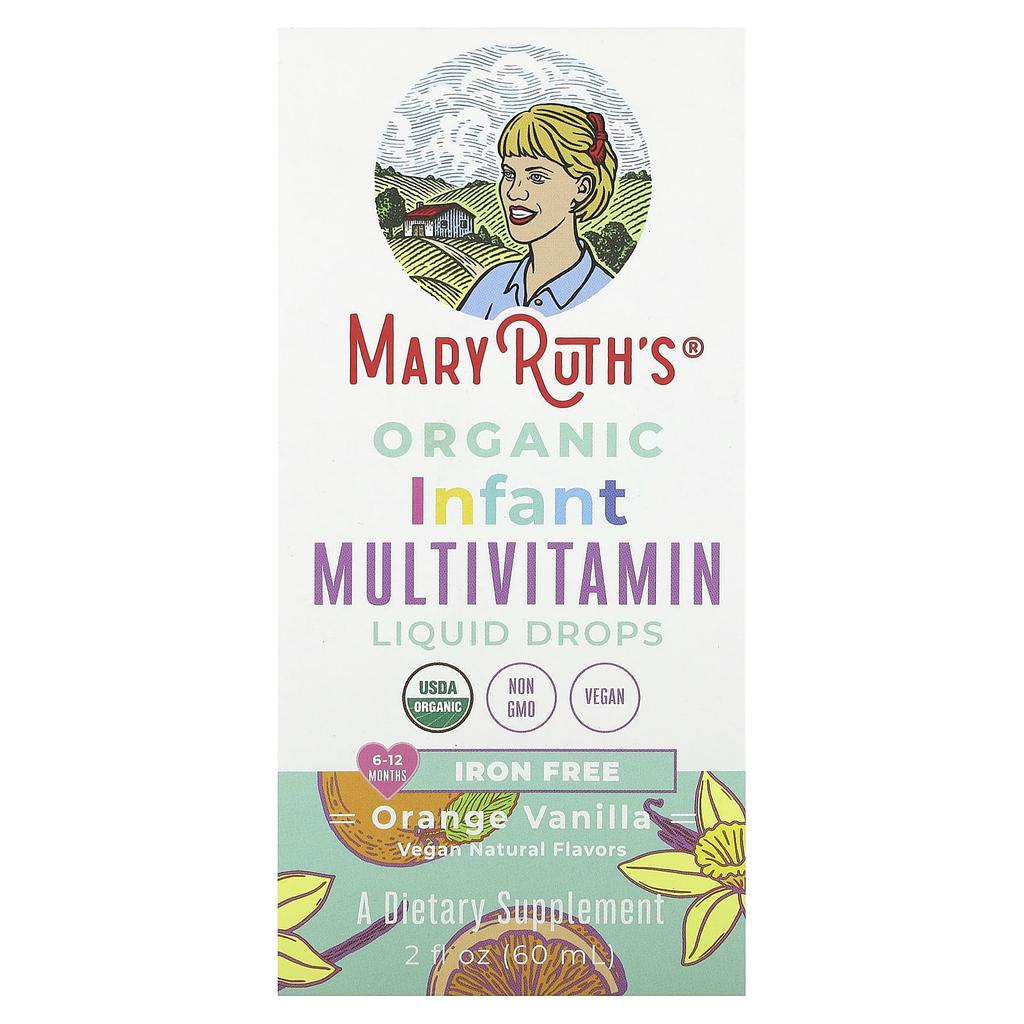 MaryRuth's, Органические жидкие мультивитаминные капли для младенцев, без железа, 6-12 месяцев, апельсин и ваниль, 2 жидких унции (60 мл)