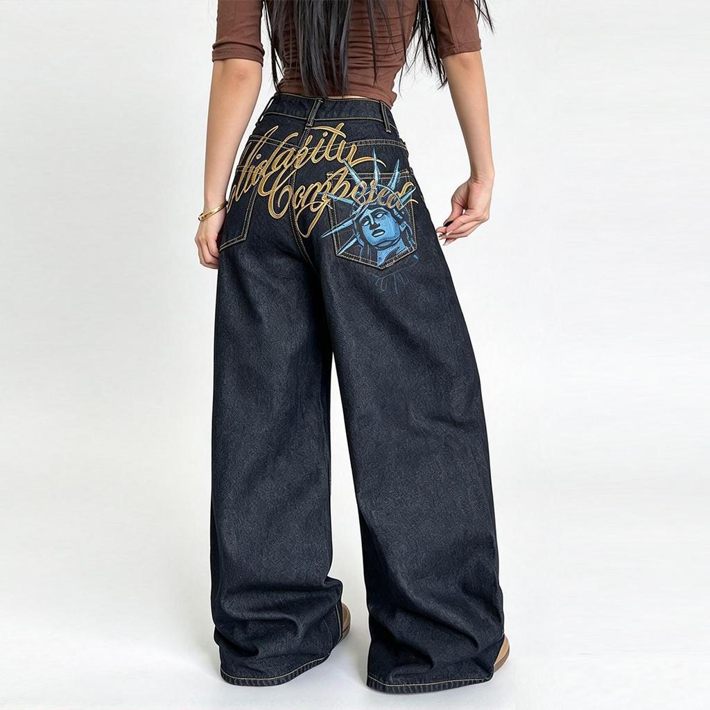 Women's Baggy Jeans Y2K Style With Back Embroidery Pattern Print And Washed Finish Perfect For Fall Outfits