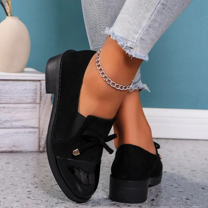 2024 Горячая Распродажа Женская Обувь Слипоны Женские Туфли Осень Круглый Носок Однотонный Флок Бант-бабочка Массивный Каблук Резина Рабочие Туфли