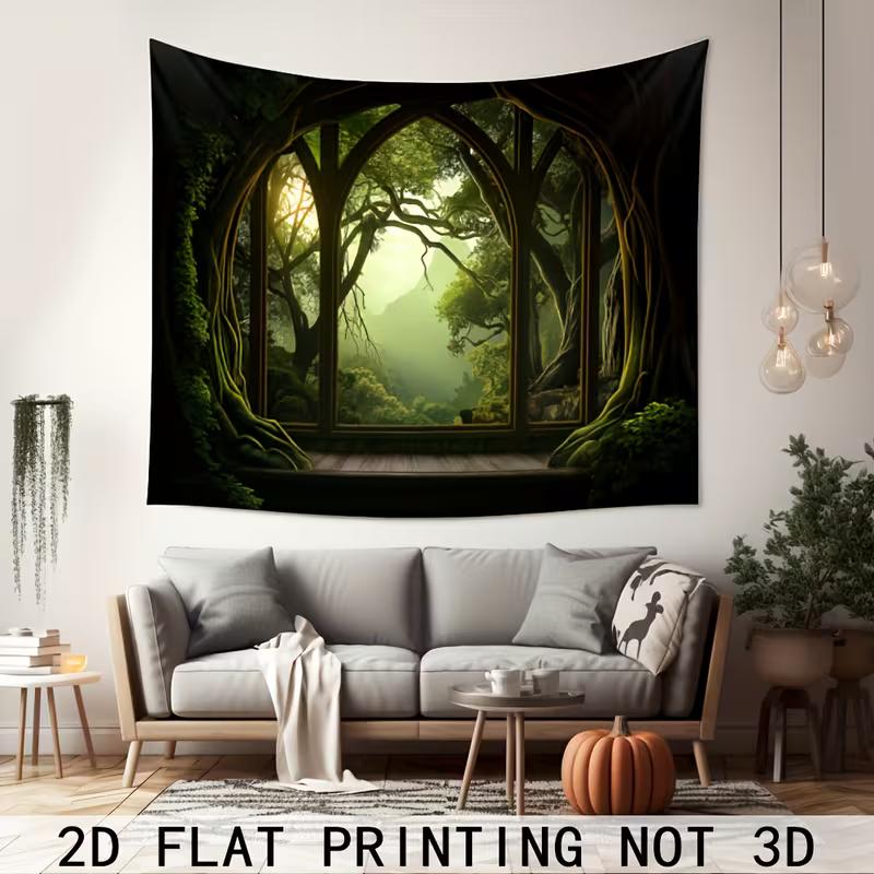 2D Dark Green Forest Tapestry Arched Window Photography Background