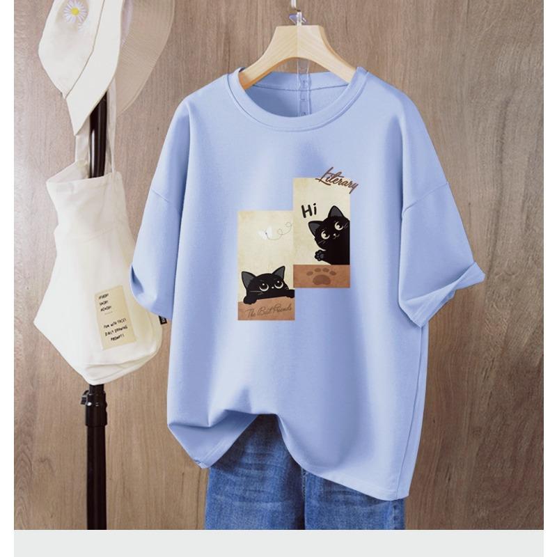 Pure Cotton Cat Printed Short-sleeved T-shirt for Women In Summer New Loose Large-size Half-sleeved Top