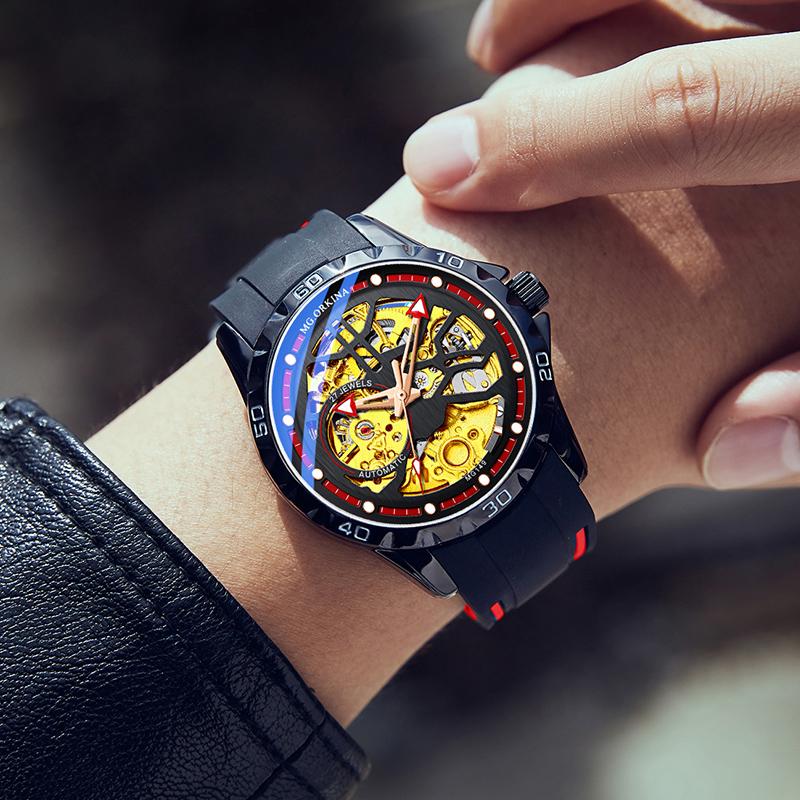 ORKINA Fashion Men Sport Watch Automatic Mechanical Skeleton Luxury Rose Gold Male Wristwatch Quick Release Silicone Rubber Band