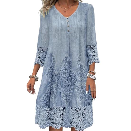 Летнее женское платье с V-образным вырезом и ажурными кружевными пуговицами с рукавами три четверти и вышивкой, сплошное цветное свободное платье длиной до колена в стиле ретро-миди