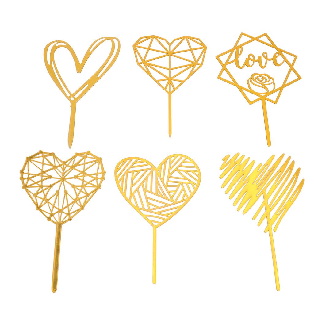 6Pcs Cake Topper Decorations Gold Heart Shaped for Cupcake Birthday Party Celebration Wedding Anniversary