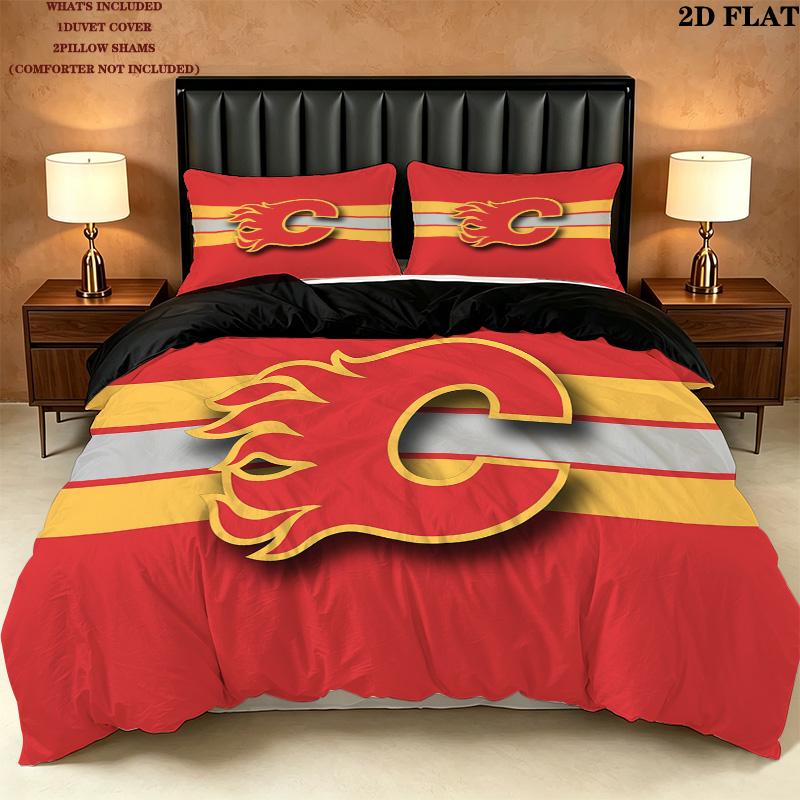 Calgary Flames Pattern Bedding Quilt Set Home Decoration Gift (1 * duvet cover + 2 * pillowcase without core)
