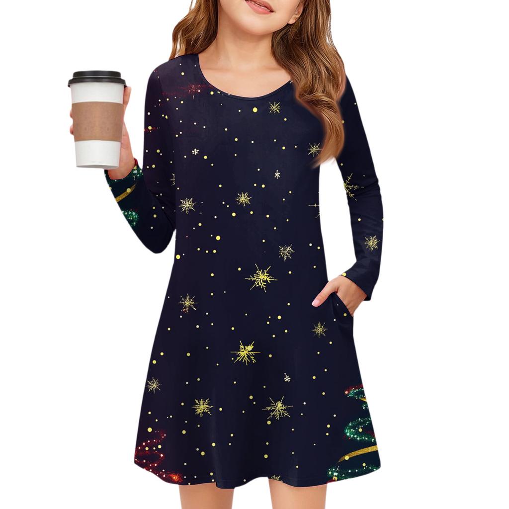 Christmas Day Girls' Long Sleeve Dress - Color Pocket Dress