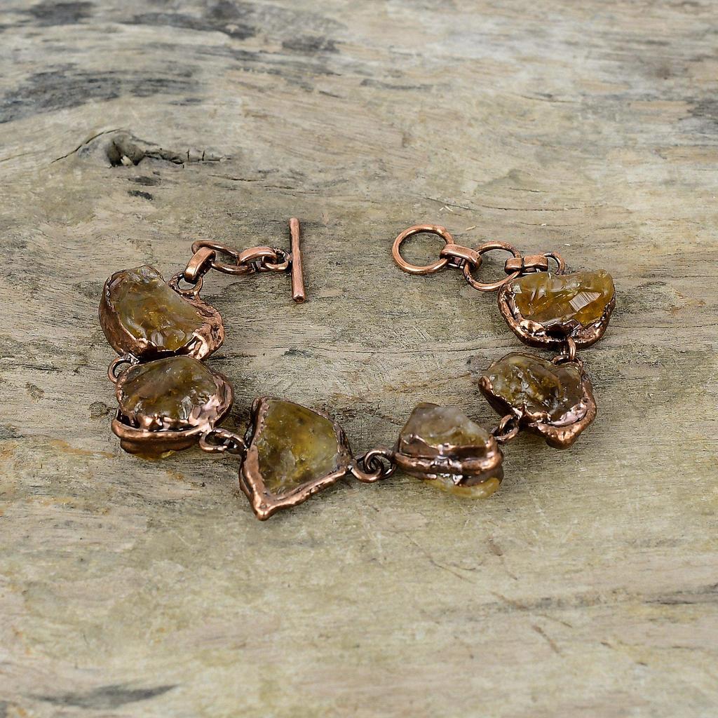 Грубый браслет с цитрином, медный браслет, изготовленный гальваническим методом, регулируемый браслет-цепочка, ювелирное изделие, изготовленное гальваническим способом, подарок для нее, драгоценный камень, ювелирные изделия ручной работы