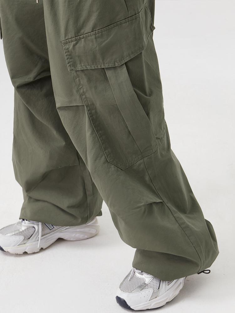 Women Big Pockets Cargo Pants Y2k High Elastic Waist Drawstring Baggy Trousers Vintage Casual Loose Wide Leg Straight Pants