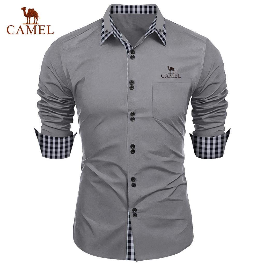 Camel Spring and Autumn New Fashion Men's Fashion Check Color Block Business Slim Fit Casual Shirt Embroidered Brand Long Sleeved Shirt