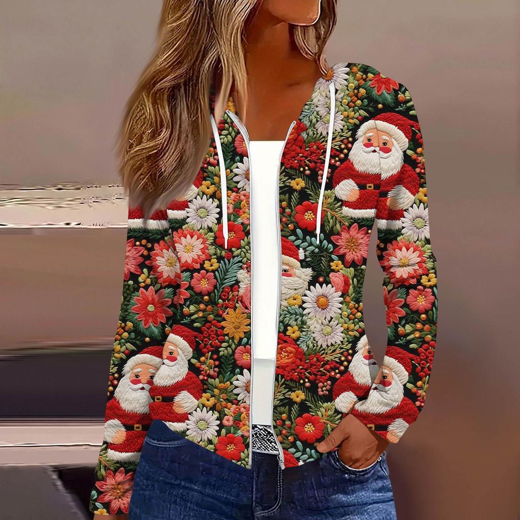 Женская модная повседневная куртка с капюшоном на молнии с рождественским принтом и длинными рукавами