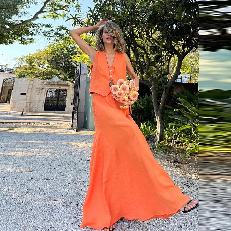 Solid Color Two Piece Set for Women 2025 Fashion V Neck Sleeveless Top High Waist Temperament Skirts Elegant 2 Piece Sets Female