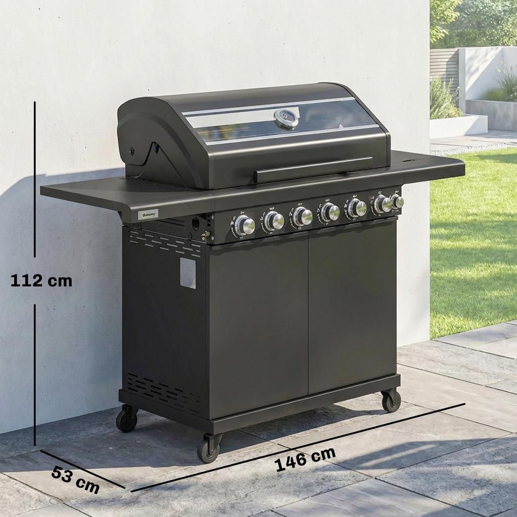 6+1 Burner Gas Bbq Grill Outdoor Barbecue Trolley With Wheels Warming Rack Thermometer Bottle Opener Black