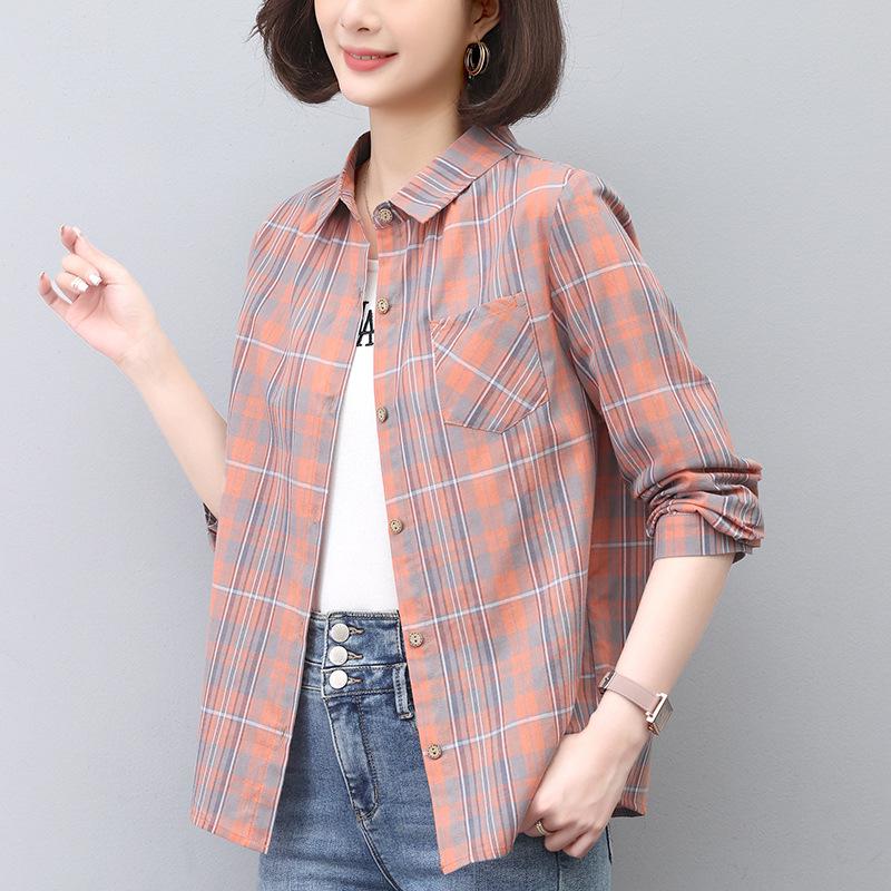 2024 Women's Summer Plaid Long-Sleeve Pure Cotton Loose Shirt - Versatile & Fashionable Top