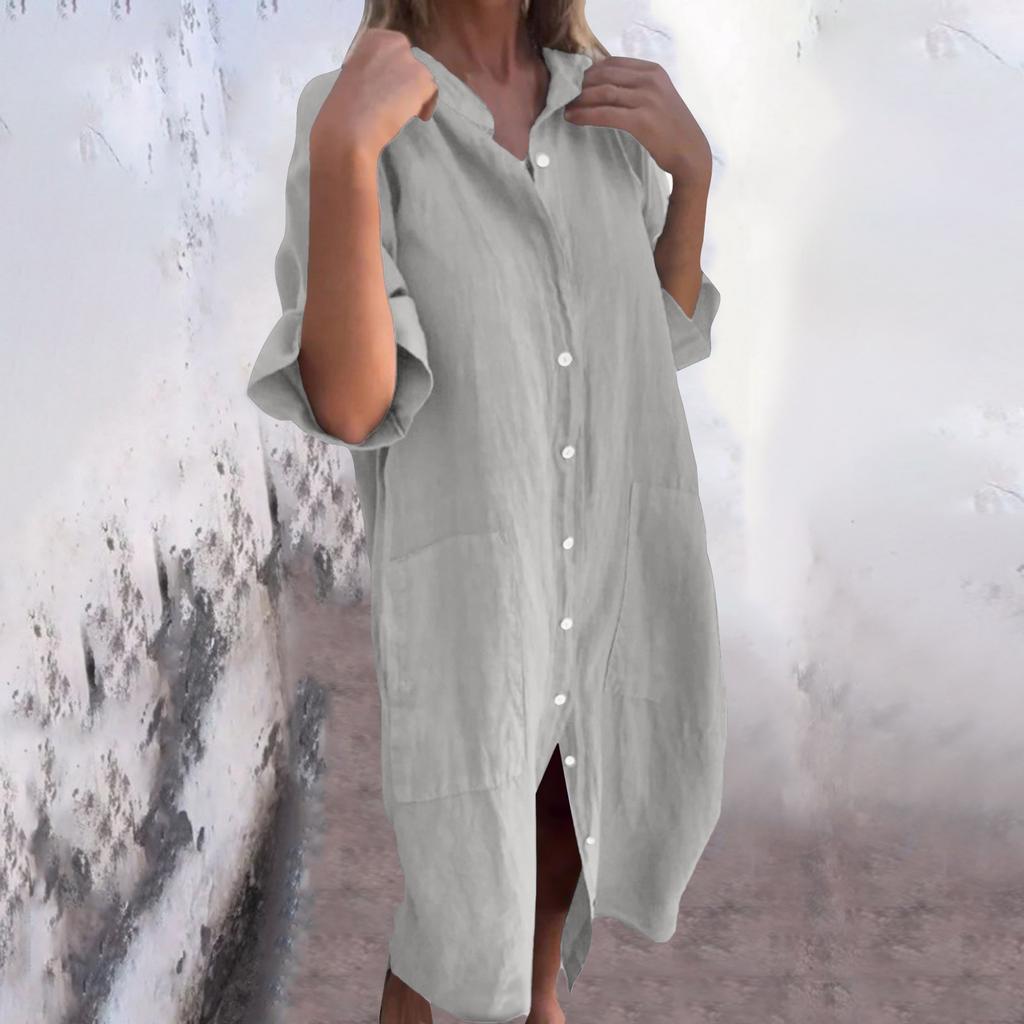 Women's Fashion Casual Button Cardigan Cotton And Linen Color Dress With Pockets
