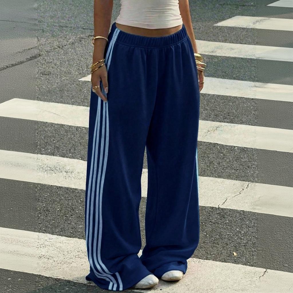 Women's Spliced Ribbon Wide Leg Sweatpants Casual Streetwear Track Pants for Everyday Wear