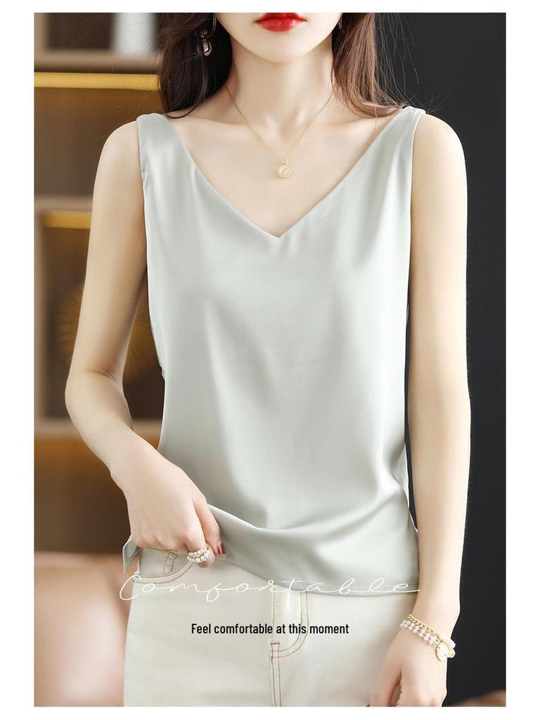 Женская летняя шелковая майка, атласный топ с V-образным вырезом, уникальный базовый слой.