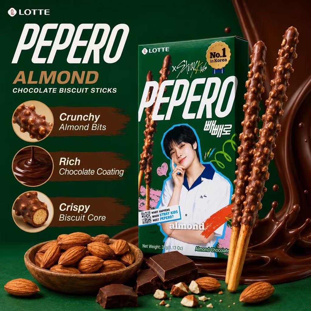 Lotte Pepero Миндально-шоколадное печенье-палочки Ограниченная серия для бой-групп 32 г Узоры отправляются случайным образом