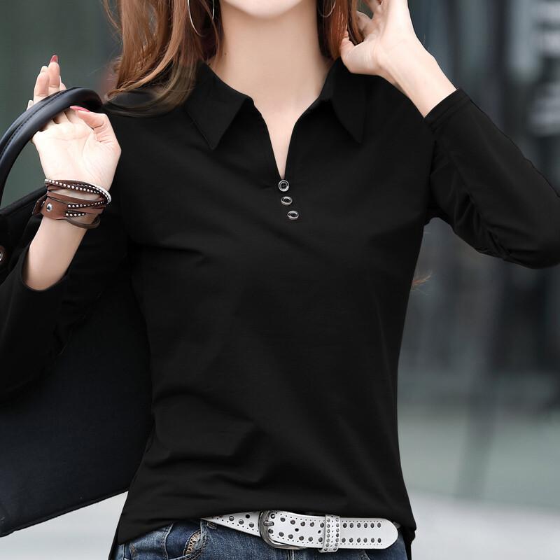 Рубашки-поло с отложным воротником, топы с длинными рукавами с лацканами, женская футболка в корейском стиле, женская одежда