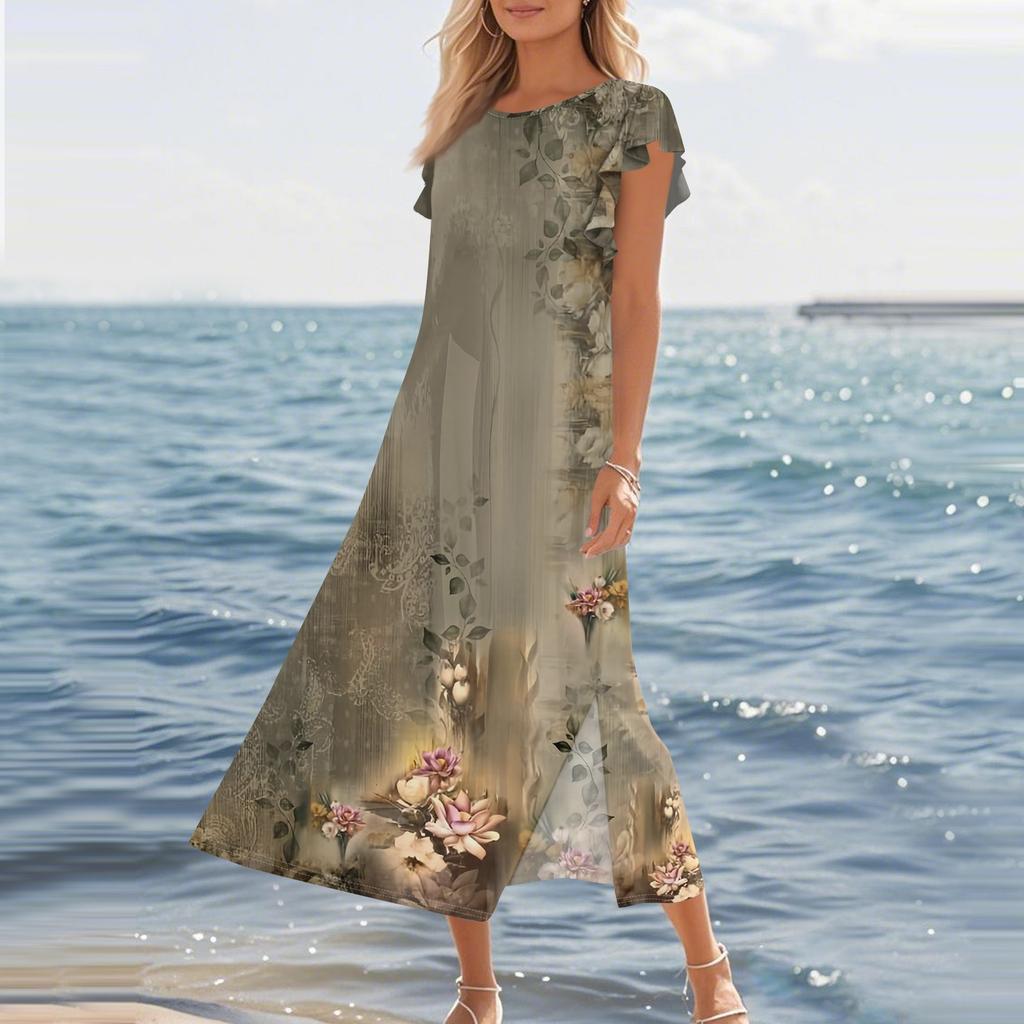 Женское модное летнее повседневное пляжное платье с плиссированными рукавами, свободным ретро-цветочным принтом, короткими рукавами, круглым завязкой и карманом