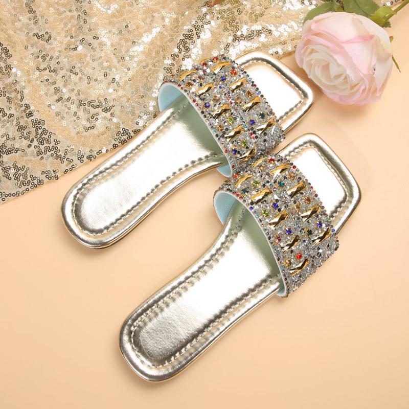 Тапочки на плоской подошве женские роскошные золотистые пляжные туфли с кристаллами летние сандалии женские новые шлепанцы повседневные шлепанцы Zapatillas Mujer