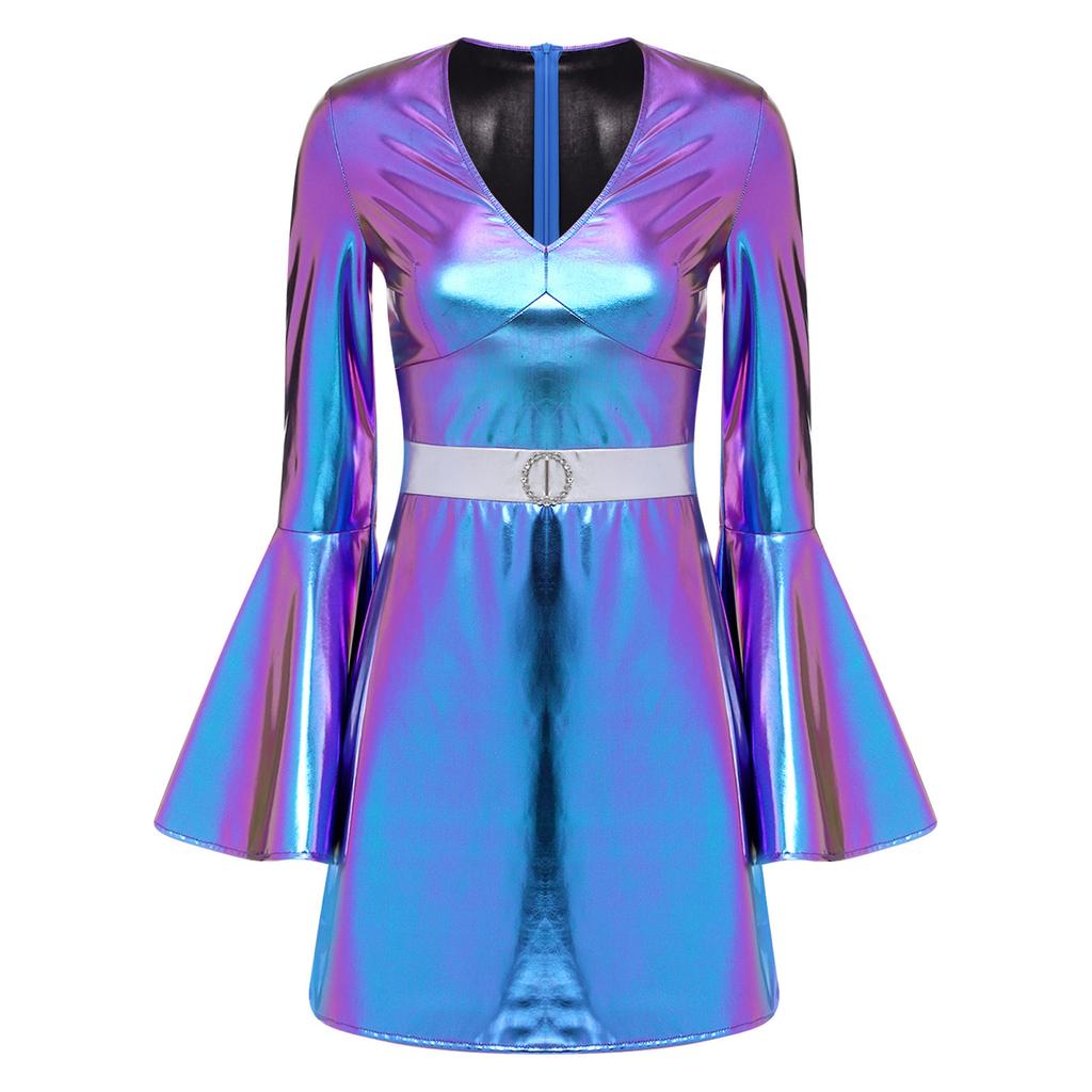 Женский костюм диско 70-х годов, платье-бодикон с V-образным вырезом, рукавами-клеш, кристальным декором, металлическим блеском
