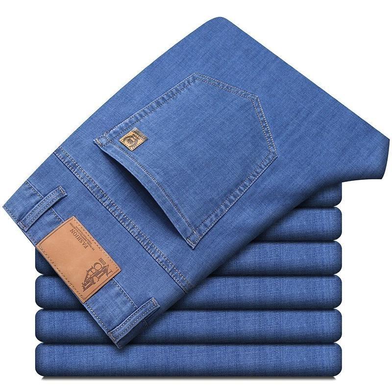 Джинсы из ледяного шелка, тонкий деним, для мужчин, синие, прямые, стрейч, хлопковый деним, брюки, бизнес-кэжуал, легкие брюки, весна, лето