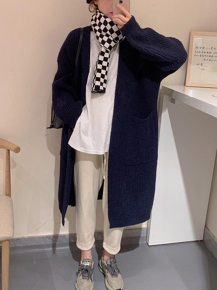 Темпераментный универсальный длинный рукав в ленивом стиле, удобный грубый свитер, свитер выше колена, осенний кардиган средней длины с большим карманом, женская одежда