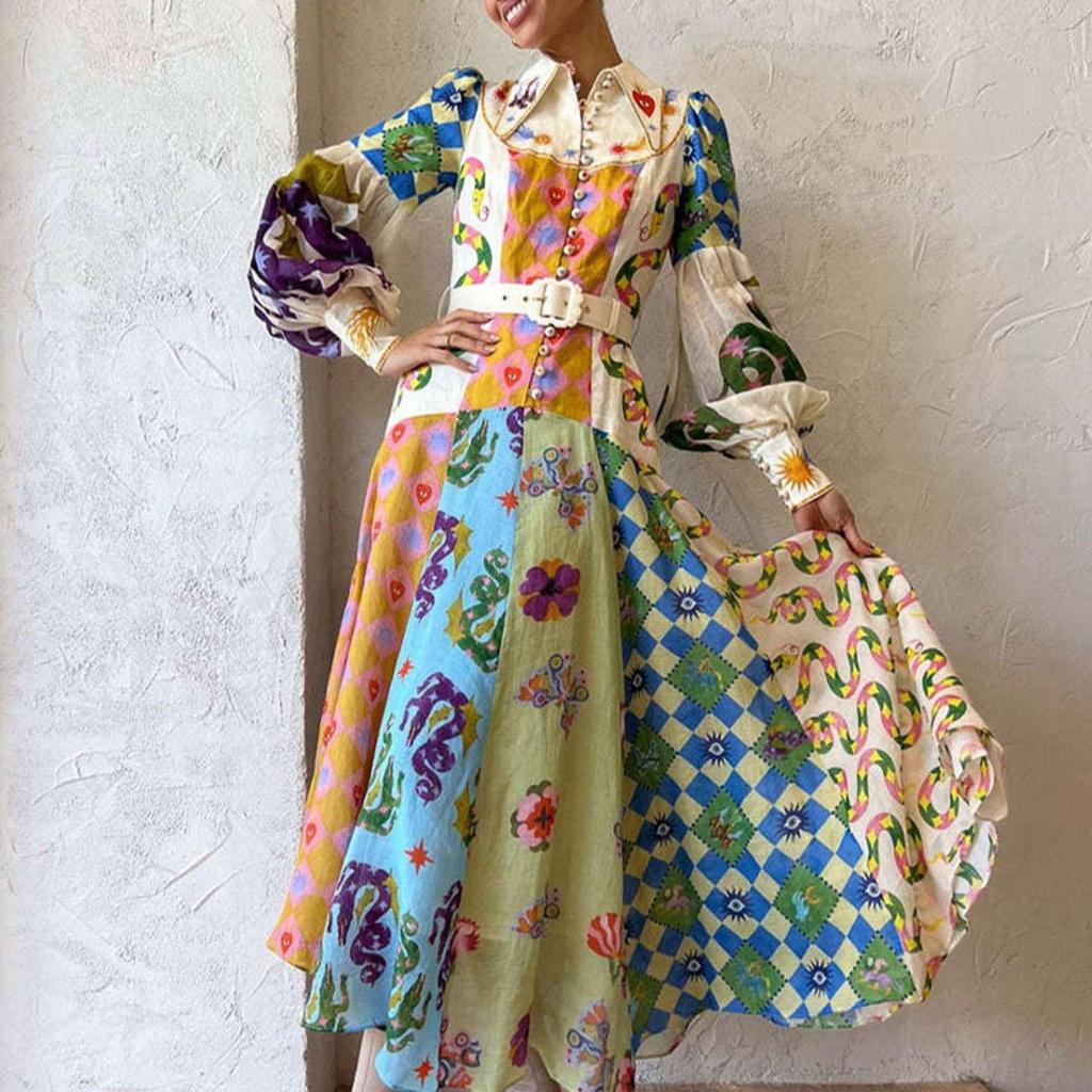 Женские весенние и повседневные модные платья с V-образным вырезом и длинным рукавом с принтом на пуговицах